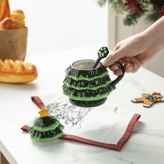 Glitzhome® 6.5" Christmas Ceramic Tree Mug with Lid and Spoon
